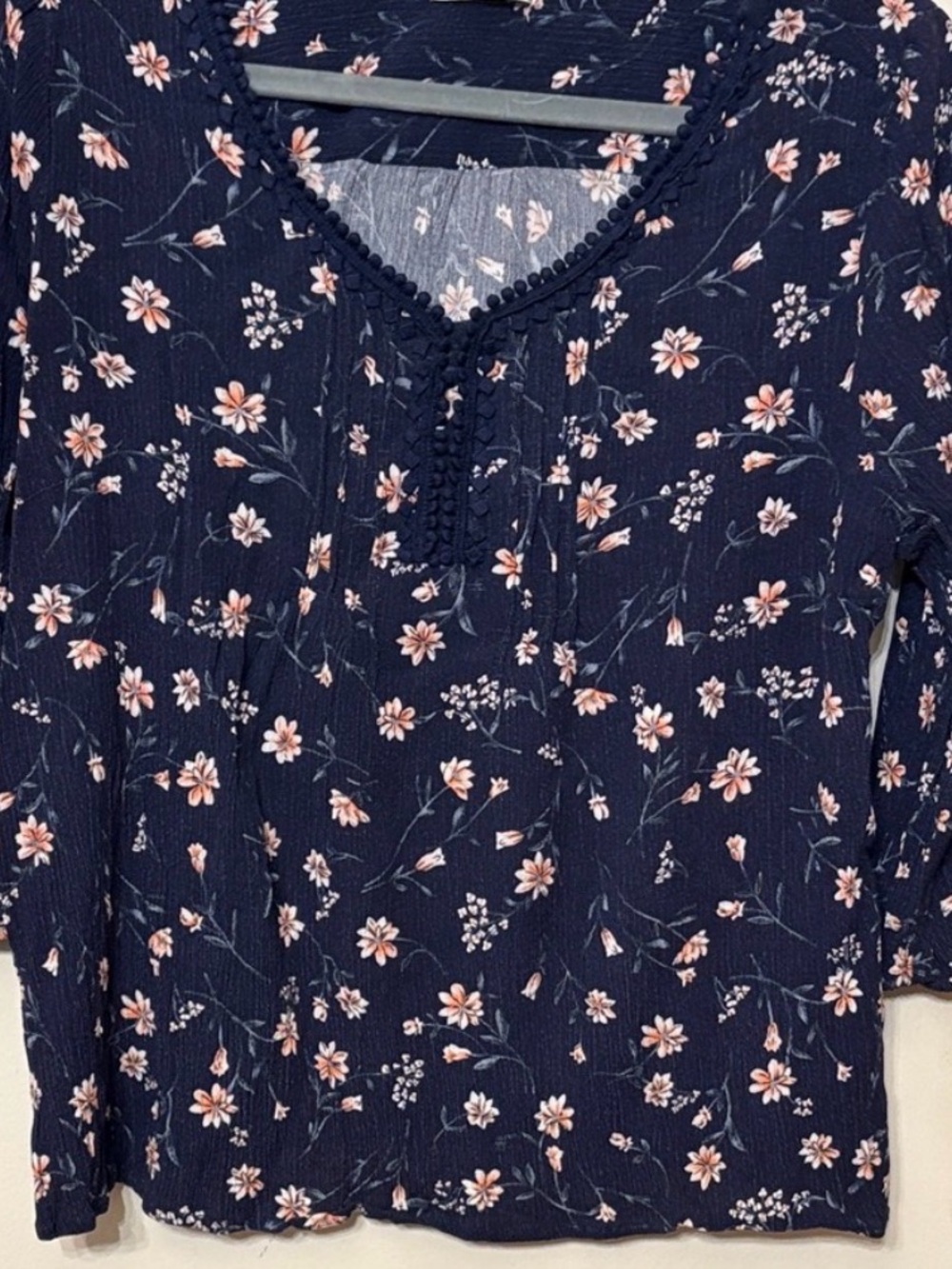 Floral V-Neck Navy Women’s Top with Pink Blossoms
